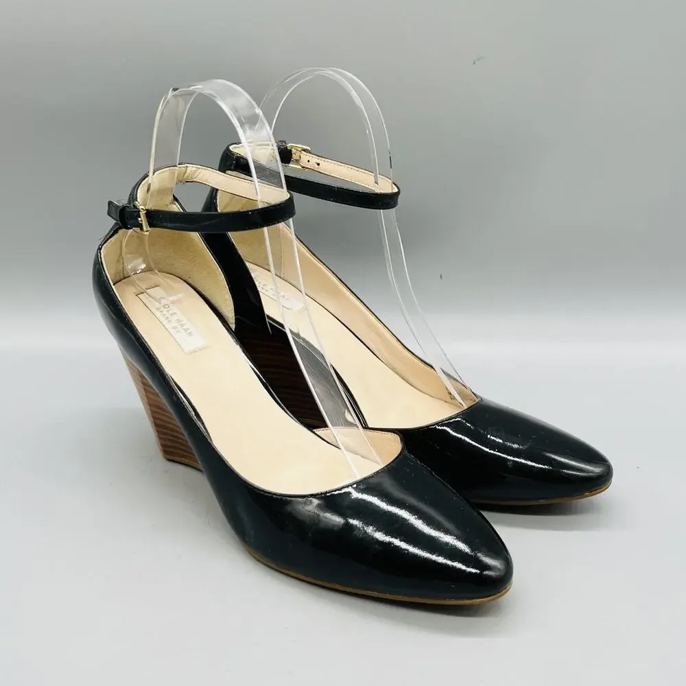 Cole Haan Shoes Womens 6.5 Black Patent Leather Lacey Ankle Strap Wedges Pumps